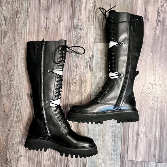 Free People NWT Miller Cut Out Lace Up Combat Boot Sz 8 Black Knee High Lug Sole