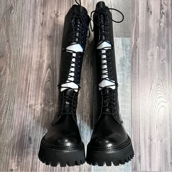 Free People NWT Miller Cut Out Lace Up Combat Boot Sz 8 Black Knee High Lug Sole