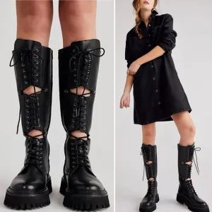 Free People NWT Miller Cut Out Lace Up Combat Boot Sz 8 Black Knee High Lug Sole