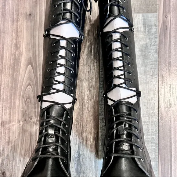 Free People NWT Miller Cut Out Lace Up Combat Boot Sz 8 Black Knee High Lug Sole