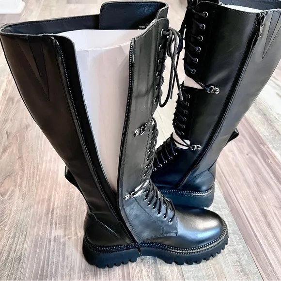Free People NWT Miller Cut Out Lace Up Combat Boot Sz 8 Black Knee High Lug Sole