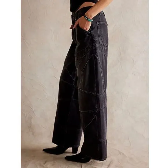 Free People We the Free Unknown Reasons Mid Rise Moto Straight Jeans Nightfall