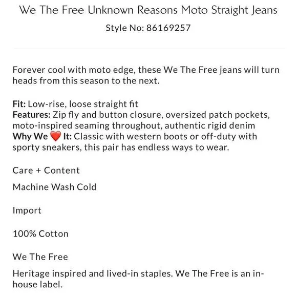 Free People We the Free Unknown Reasons Mid Rise Moto Straight Jeans Nightfall