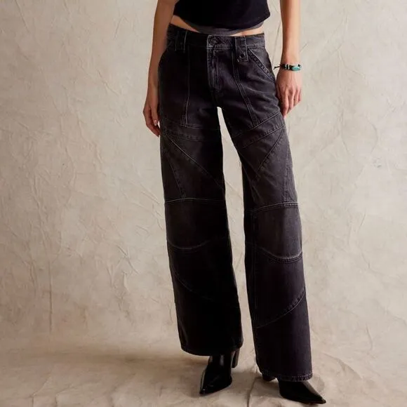 Free People We the Free Unknown Reasons Mid Rise Moto Straight Jeans Nightfall