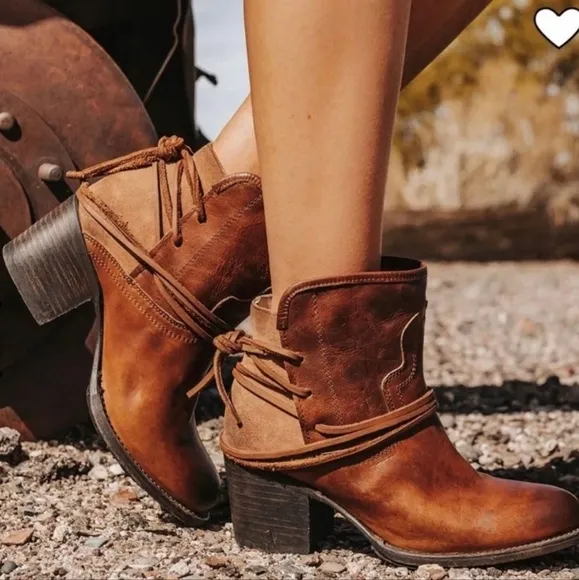 FREEBIRD by Steven - Casey Ankle Boots Distressed Cognac Leather Boho Western