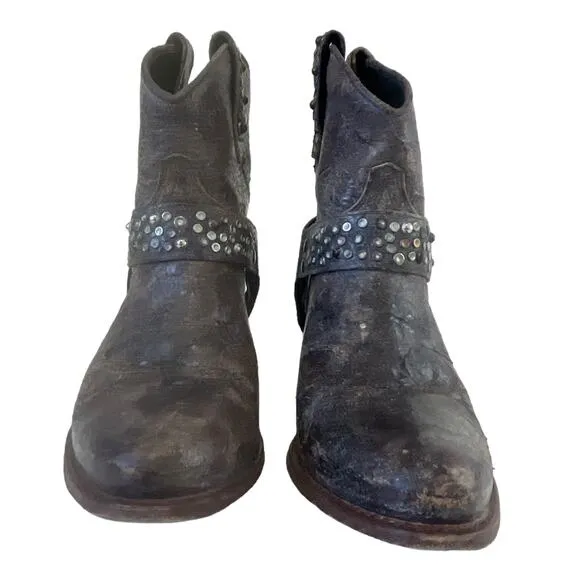 FRYE Boots Women’s Sz 5.5 Deborah Stud Harness Weathered Leather Pull On Brown