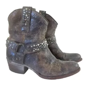 FRYE Boots Women’s Sz 5.5 Deborah Stud Harness Weathered Leather Pull On Brown