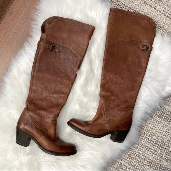 Frye | Jane Brown Cognac Heeled Over The Knee Tall Boots Western Leather Heels 6