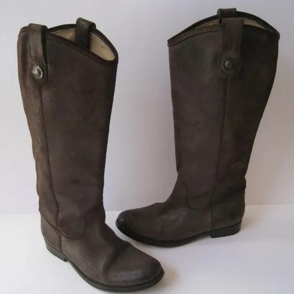 Frye Melissa Logo Distressed Western Boho Brown Leather Tall Riding Boots