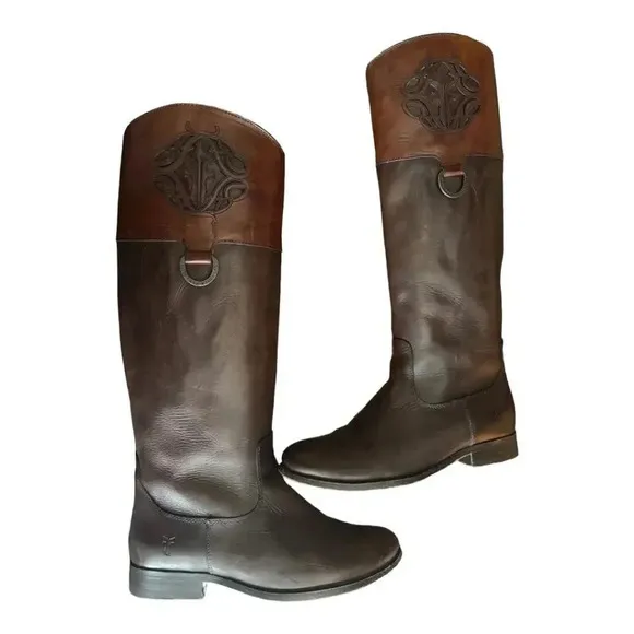 Frye Melissa Logo Knee High Tall Riding Boot Brown