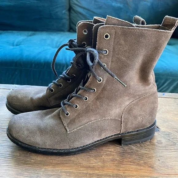 Frye Natalie Brown Suede Leather Lace Up Military Combat Boots SIZE 11B