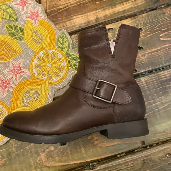 Frye Natalie Engineer Short Women’s Brown Leather Strap Engineer Boots