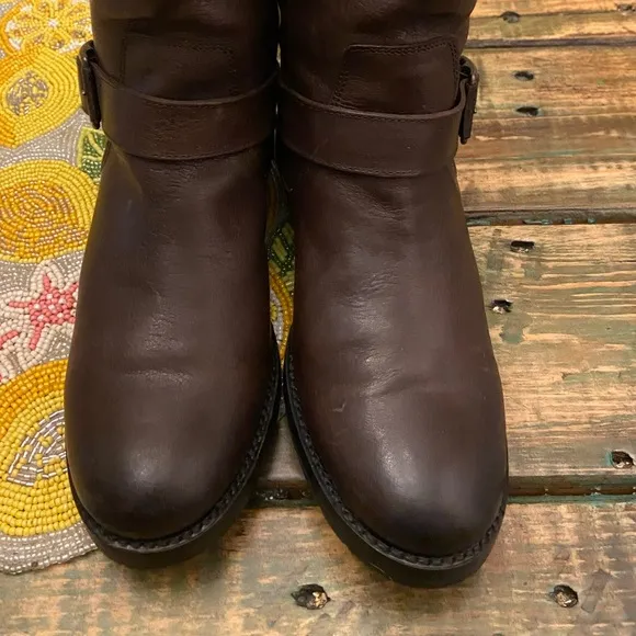 Frye Natalie Engineer Short Women’s Brown Leather Strap Engineer Boots