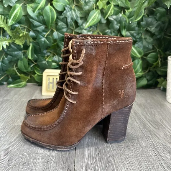 Frye Parker Moc Short Brown Suede High Heel Ankle Boots 3476656 Womens Size 8