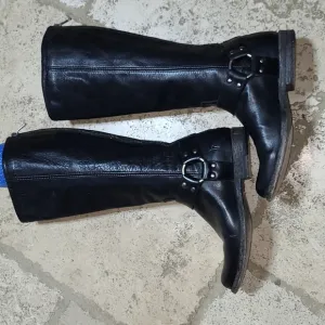 Frye Phillip Harness Black Leather Knee High Boots Size 5.5
