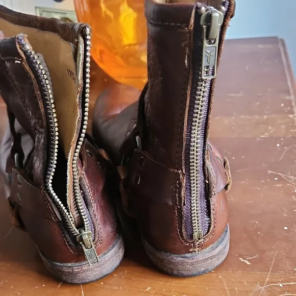 Frye Phillip Harness Boots with Zip Up Back 8b