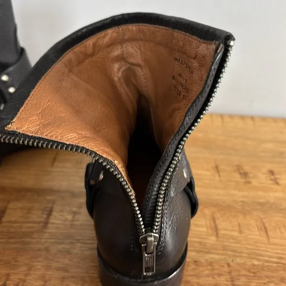 Frye Phillip Harness Short Black Leather Ankle Boots with Silver Hardware
