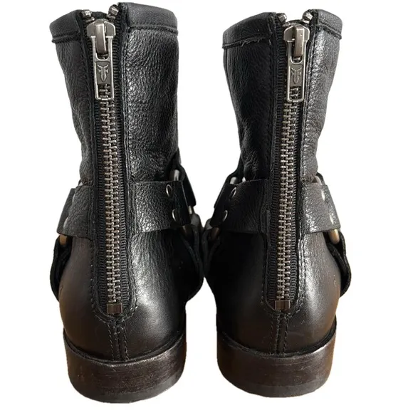 Frye Phillip Harness Short Black Leather Ankle Boots with Silver Hardware