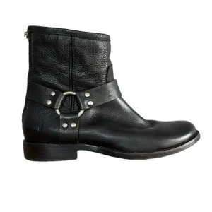 Frye Phillip Harness Short Black Leather Ankle Boots with Silver Hardware