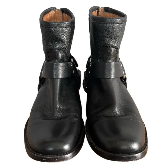 Frye Phillip Harness Short Black Leather Ankle Boots with Silver Hardware