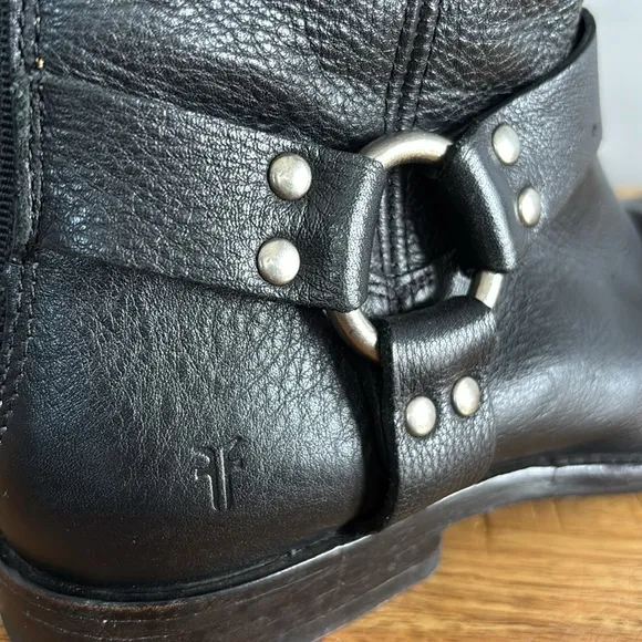 Frye Phillip Harness Short Black Leather Ankle Boots with Silver Hardware