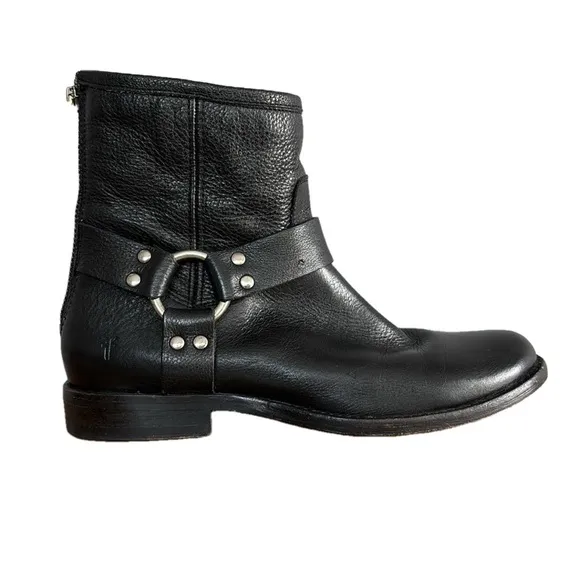 Frye Phillip Harness Short Black Leather Ankle Boots with Silver Hardware