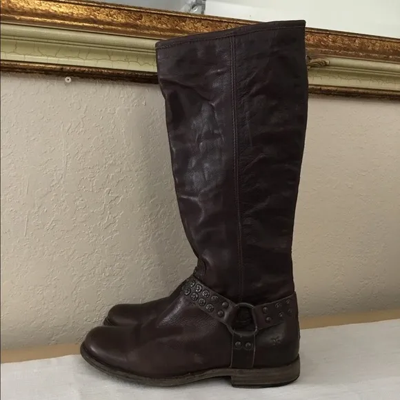 Frye Phillip Harness Studded Leather Tall Brown Boots Sz.8B