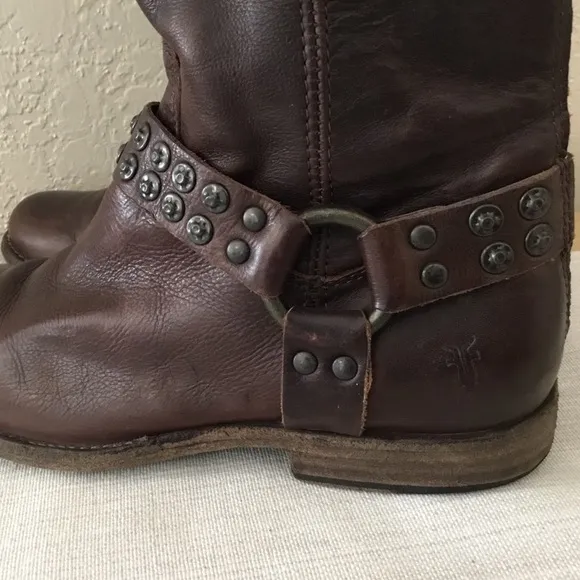 Frye Phillip Harness Studded Leather Tall Brown Boots Sz.8B