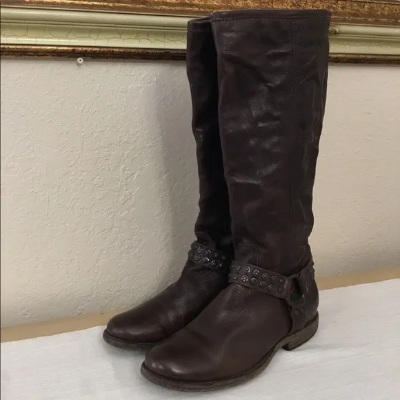 Frye Phillip Harness Studded Leather Tall Brown Boots Sz.8B