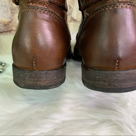 FRYE Phillip Tall Pebbled Brown Buckle Leather Riding Boots, 7.5B