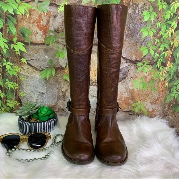 FRYE Phillip Tall Pebbled Brown Buckle Leather Riding Boots, 7.5B