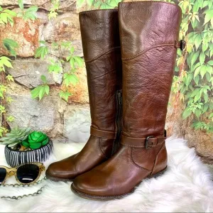 FRYE Phillip Tall Pebbled Brown Buckle Leather Riding Boots, 7.5B