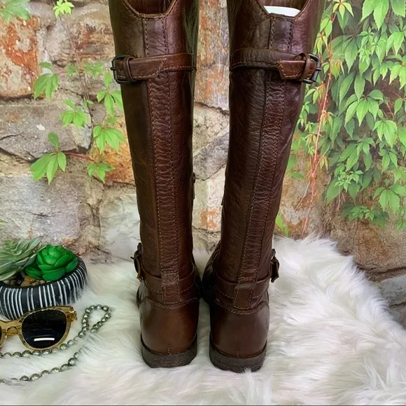 FRYE Phillip Tall Pebbled Brown Buckle Leather Riding Boots, 7.5B