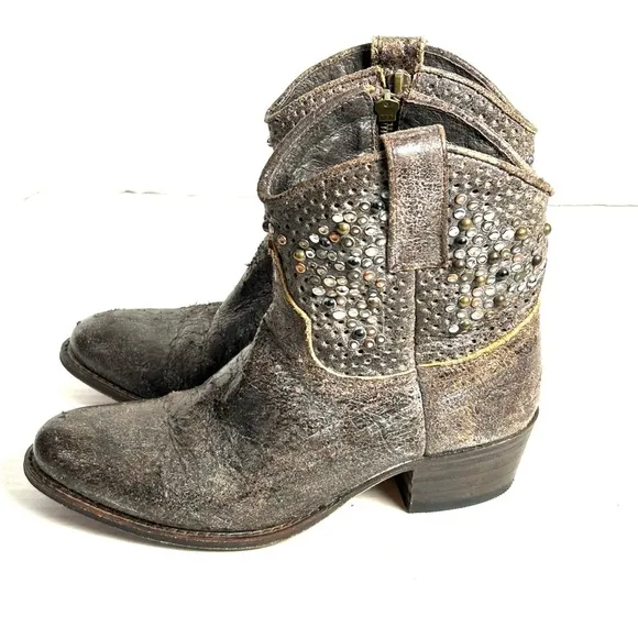 Frye Short Western Boots Womens Sz 7 M Brown Grey Deborah Studded Distressed Zip