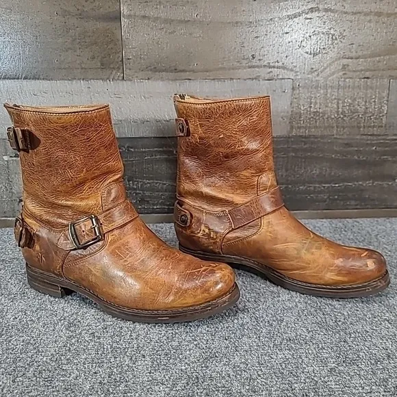 FRYE Veronica 76603 Women Size 9 B Cognac Brown  Short Double Buckle Boots