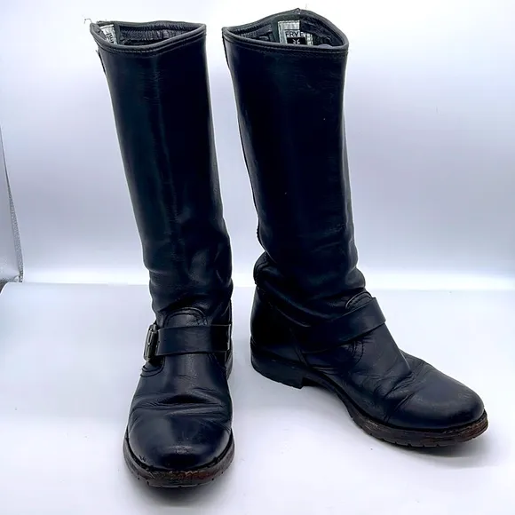 Frye Veronica Leather Buckle Short Moto Boots Black  Size 6.5