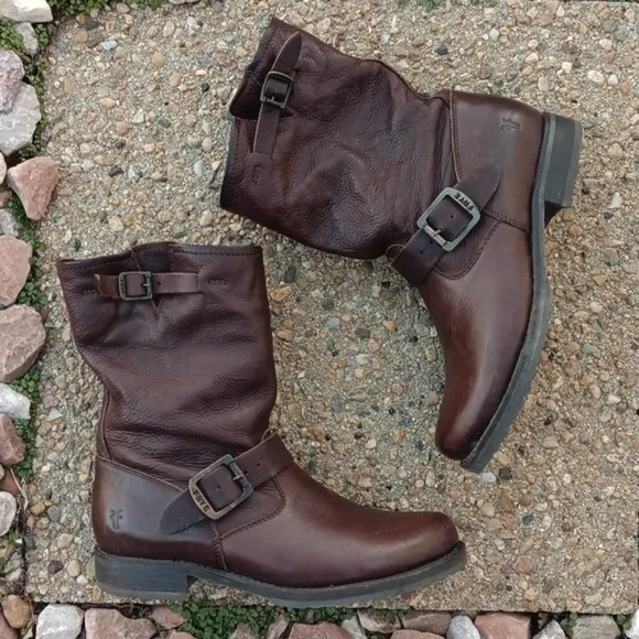 Frye Veronica short slouch brown leather moto buckle strap boots womens 7.5