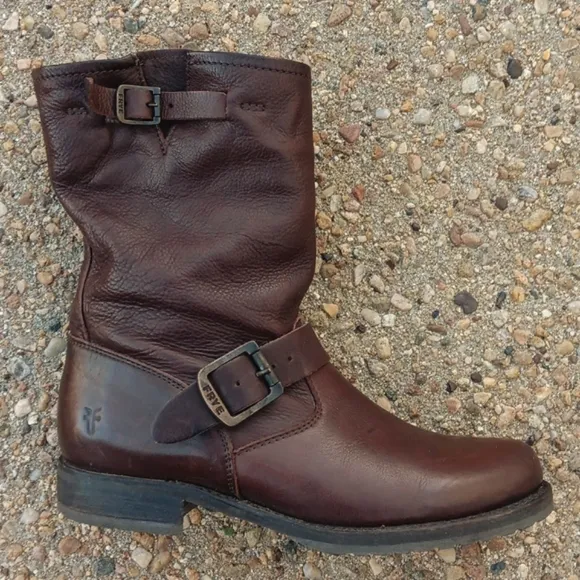 Frye Veronica short slouch brown leather moto buckle strap boots womens 7.5