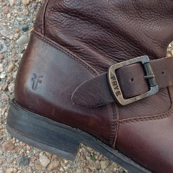 Frye Veronica short slouch brown leather moto buckle strap boots womens 7.5