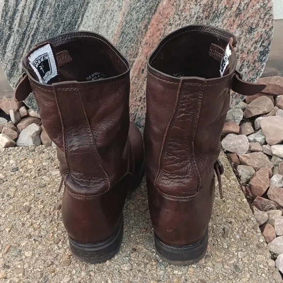 Frye Veronica short slouch brown leather moto buckle strap boots womens 7.5