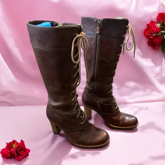 FRYE VTG Sz 8Knee High Tall  Lace Up Zippered Leather Boots Cowgirl Moto Sexy