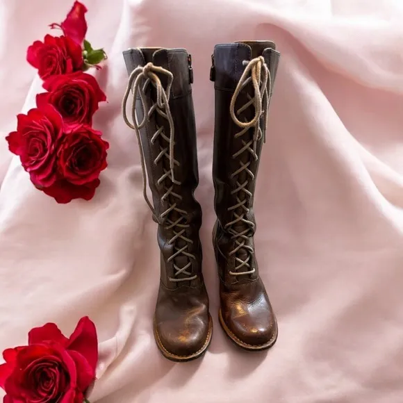 FRYE VTG Sz 8Knee High Tall  Lace Up Zippered Leather Boots Cowgirl Moto Sexy