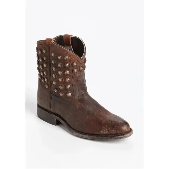 Frye Wyatt Distressed Brown Leather Studded Short Western Boots