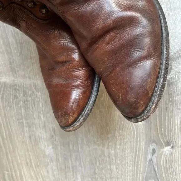 Frye Wyatt Distressed Brown Leather Studded Short Western Boots