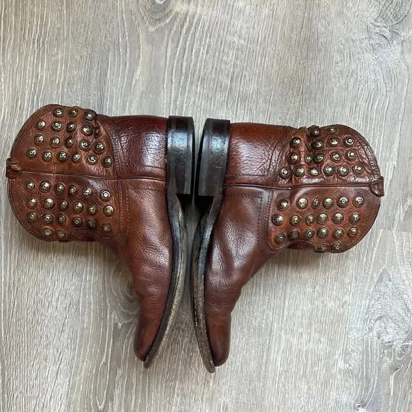 Frye Wyatt Distressed Brown Leather Studded Short Western Boots