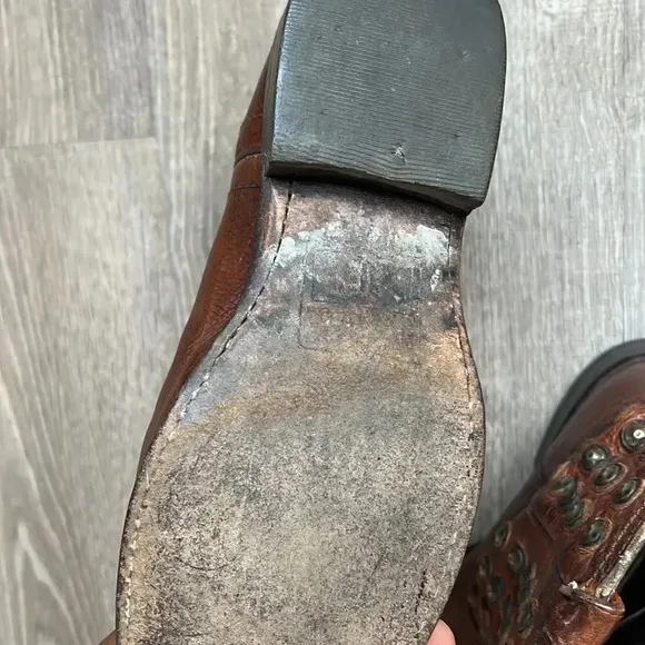 Frye Wyatt Distressed Brown Leather Studded Short Western Boots