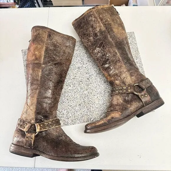 Frye Phillip Studded Harness Tall Boots Brown Distressed Leather sz 7.5 B Womens
