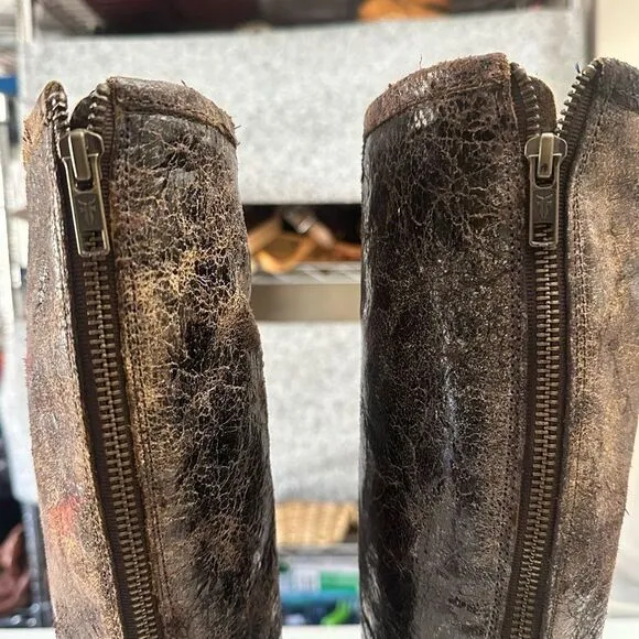 Frye Phillip Studded Harness Tall Boots Brown Distressed Leather sz 7.5 B Womens