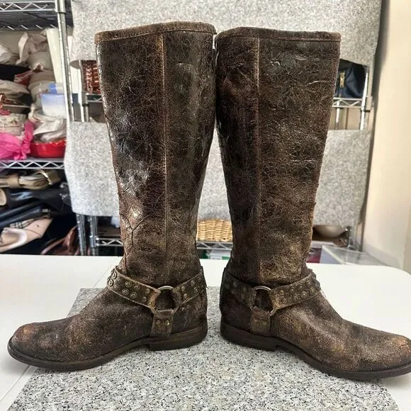 Frye Phillip Studded Harness Tall Boots Brown Distressed Leather sz 7.5 B Womens