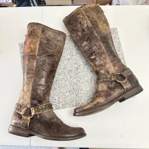 Frye Phillip Studded Harness Tall Boots Brown Distressed Leather sz 7.5 B Womens